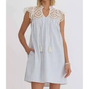 NEW ENTRO striped eyelet dress in blue and white